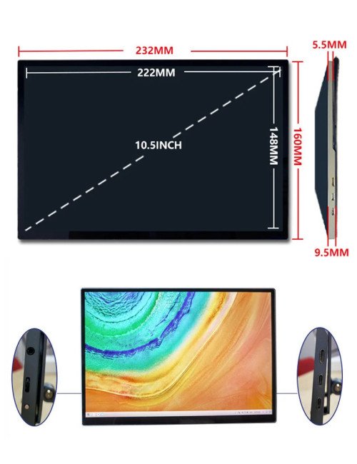 Moniteur TV portable tactile 2K de 10,5 pouces pour films, soirées à d