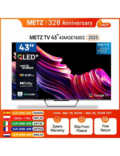 METZ QLED + 4K UHD Smart TV 43 pouces avec Google TV et écran mat anti