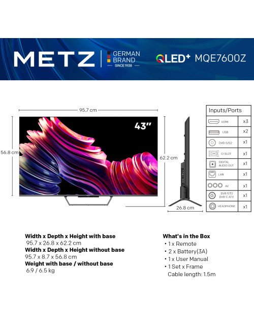 METZ QLED + 4K UHD Smart TV 43 pouces avec Google TV et écran mat anti